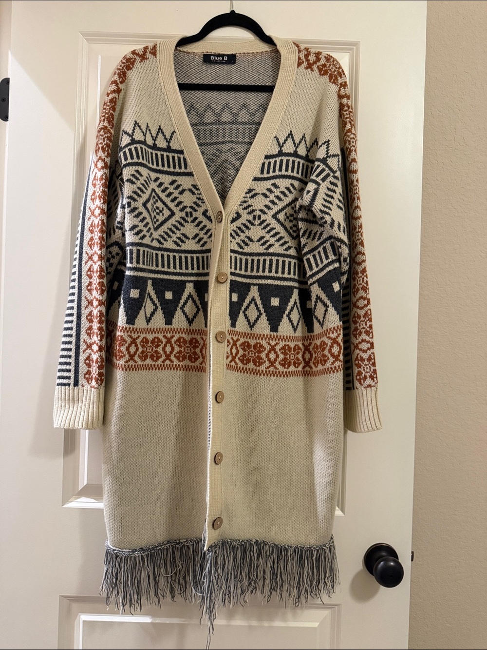 Blue B Long Ivory and Rust Fair Isle Button-Front Cardigan- oversized